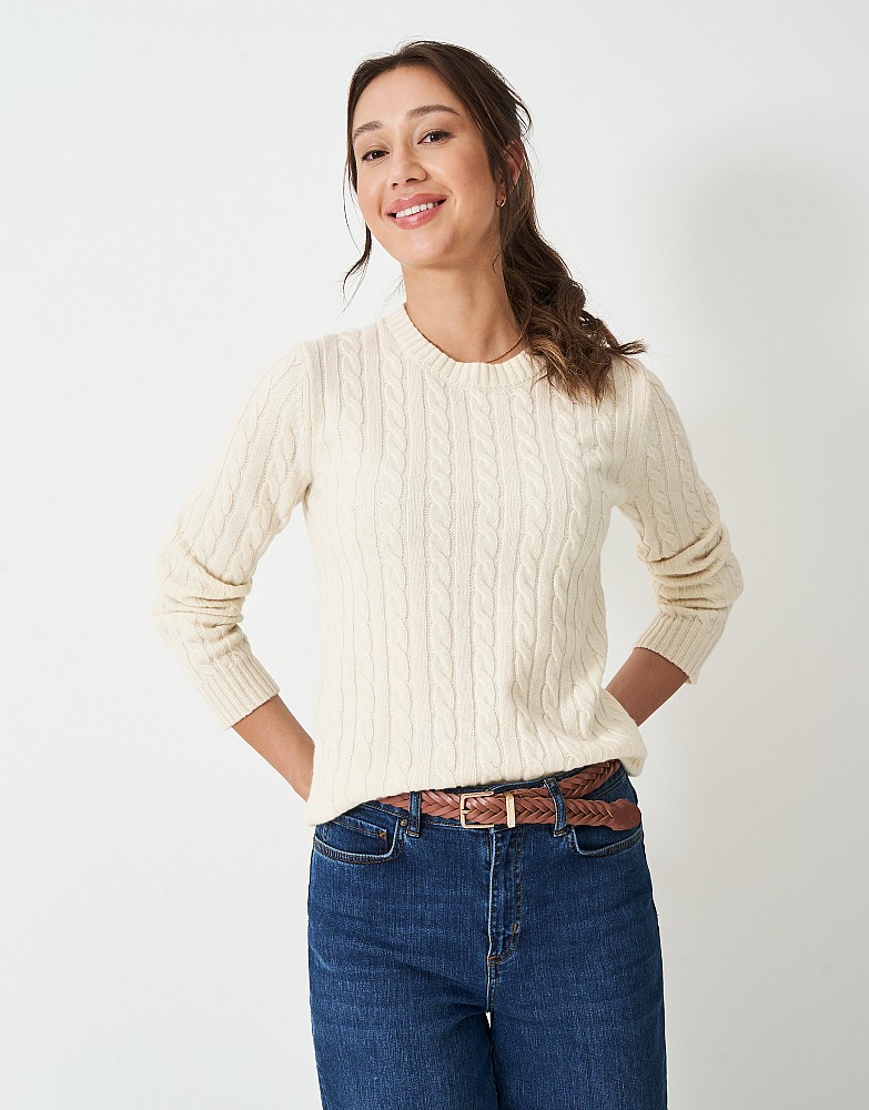 Harmony Merino Blend Cable Crew Neck Jumper in White