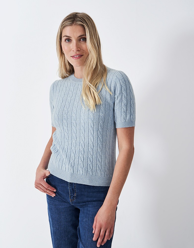Harmony Merino Blend Cable Crew Neck Short Sleeve Top in Blue