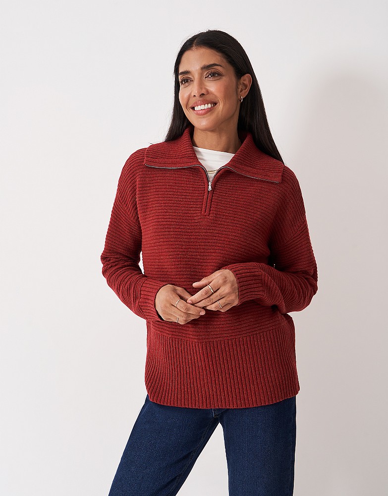 Harmony Relaxed-Fit Merino Wool Blend Zip Collar Jumper in Burgundy