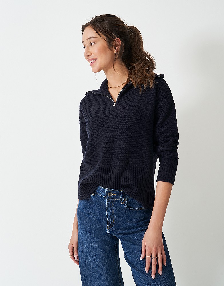 Harmony Relaxed-Fit Merino Wool Blend Zip Collar Jumper in Navy