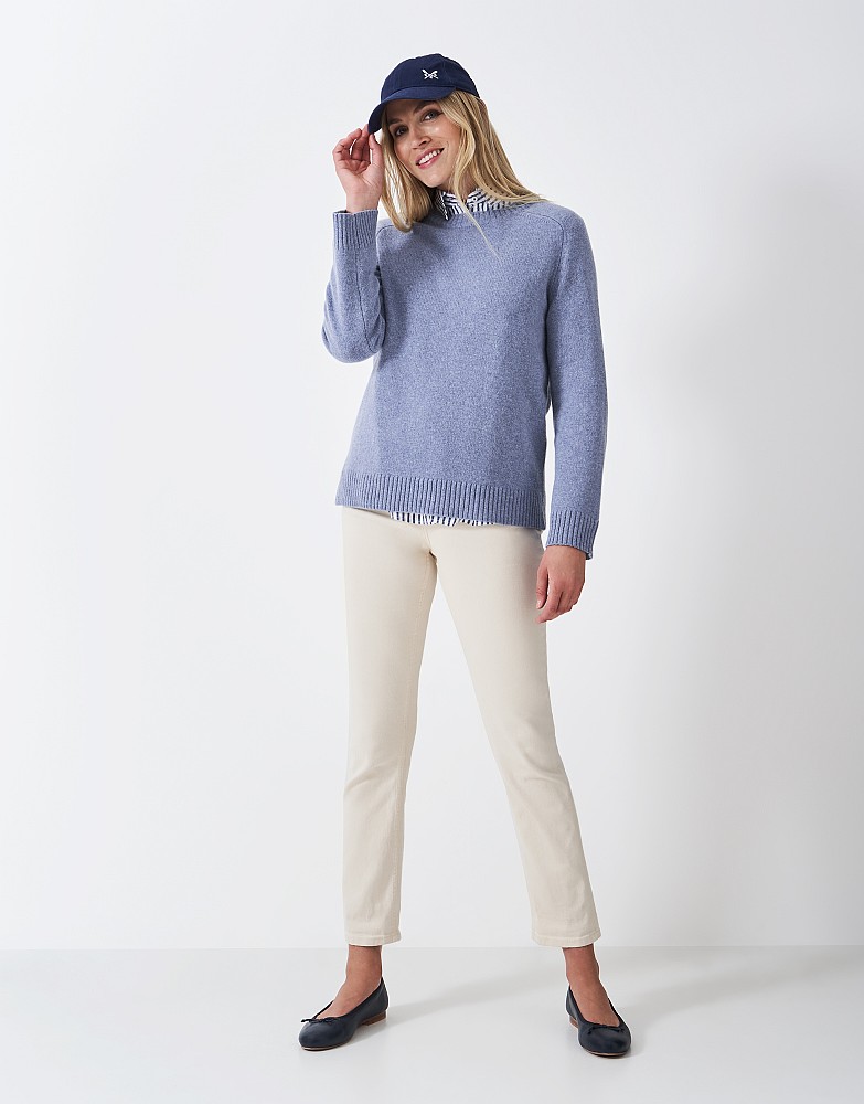 Harmony Merino Blend Crew Neck Saddle Shoulder Jumper in Blue