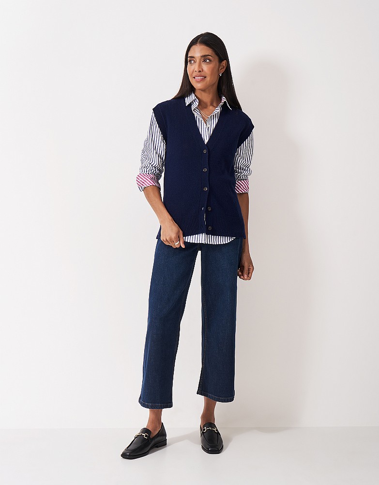 Harmony Merino Blend Button Through V Neck Vest in Navy