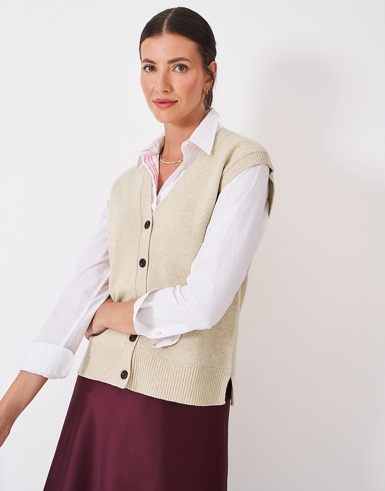 Harmony Merino Blend Button Through V Neck Vest in Oat
