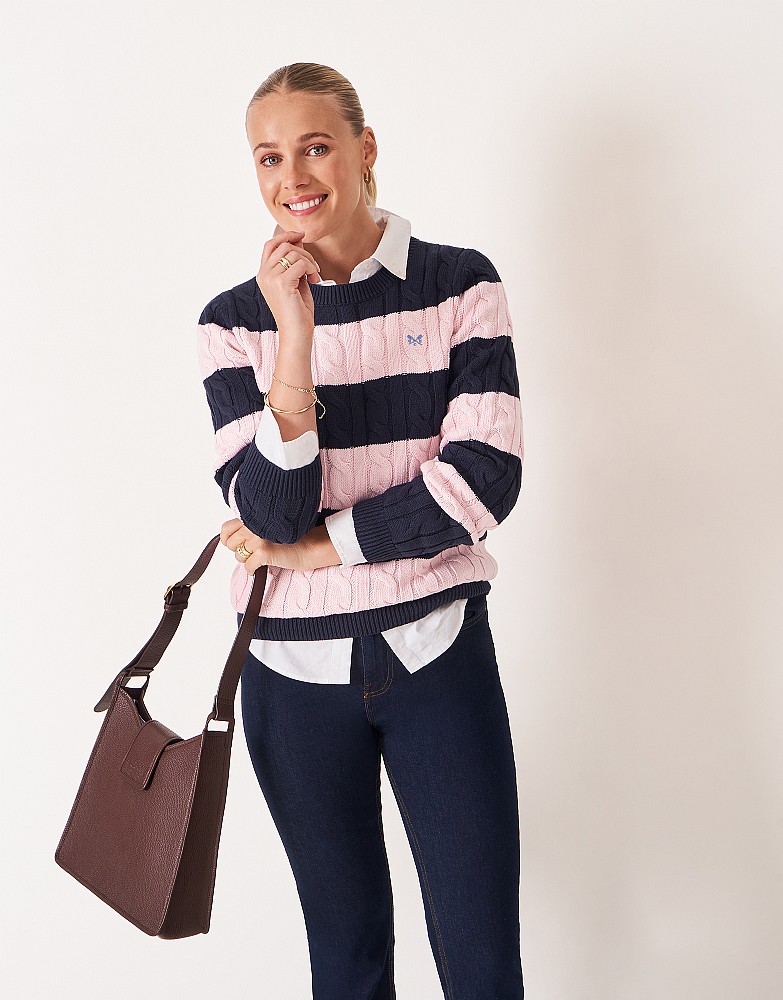 Heritage Cable Knit jumper in Navy and Pink Stripe