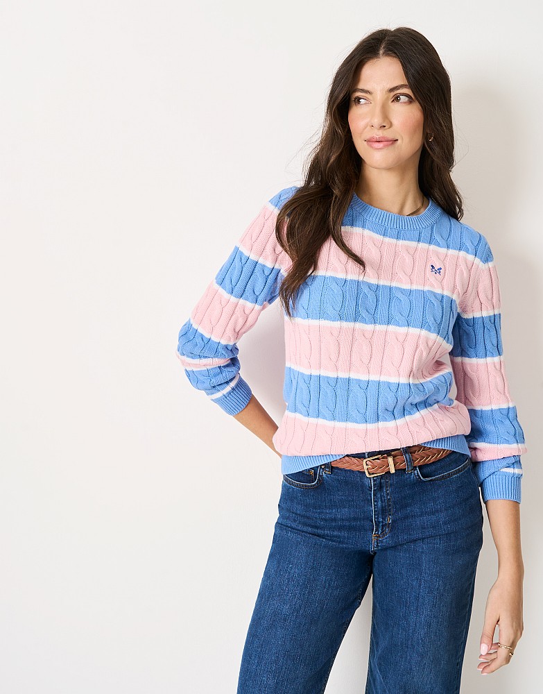 Heritage Cable Knit jumper in Pink, White and Blue Stripe