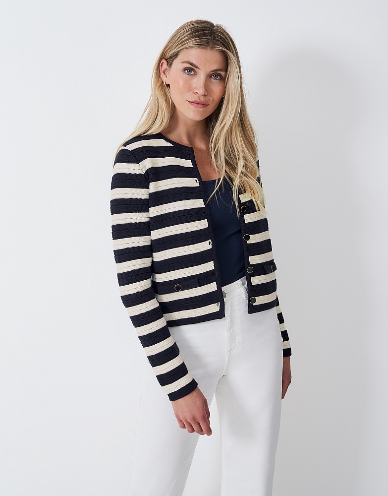 Mid Gauge Cotton Knitted Stripe Jacket in Navy & White