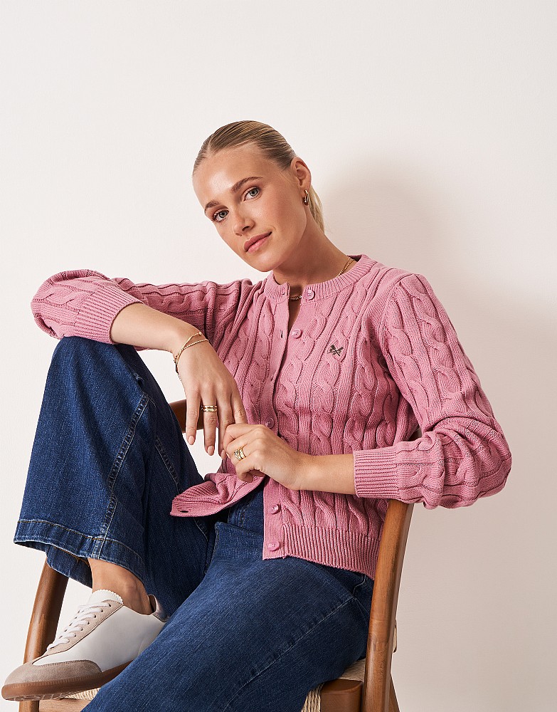 Heritage Cable Knit Cardigan in Pink
