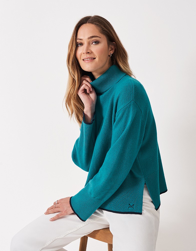 Harmony Merino Blend Drop Shoulder Funnel Neck Jumper in Blue