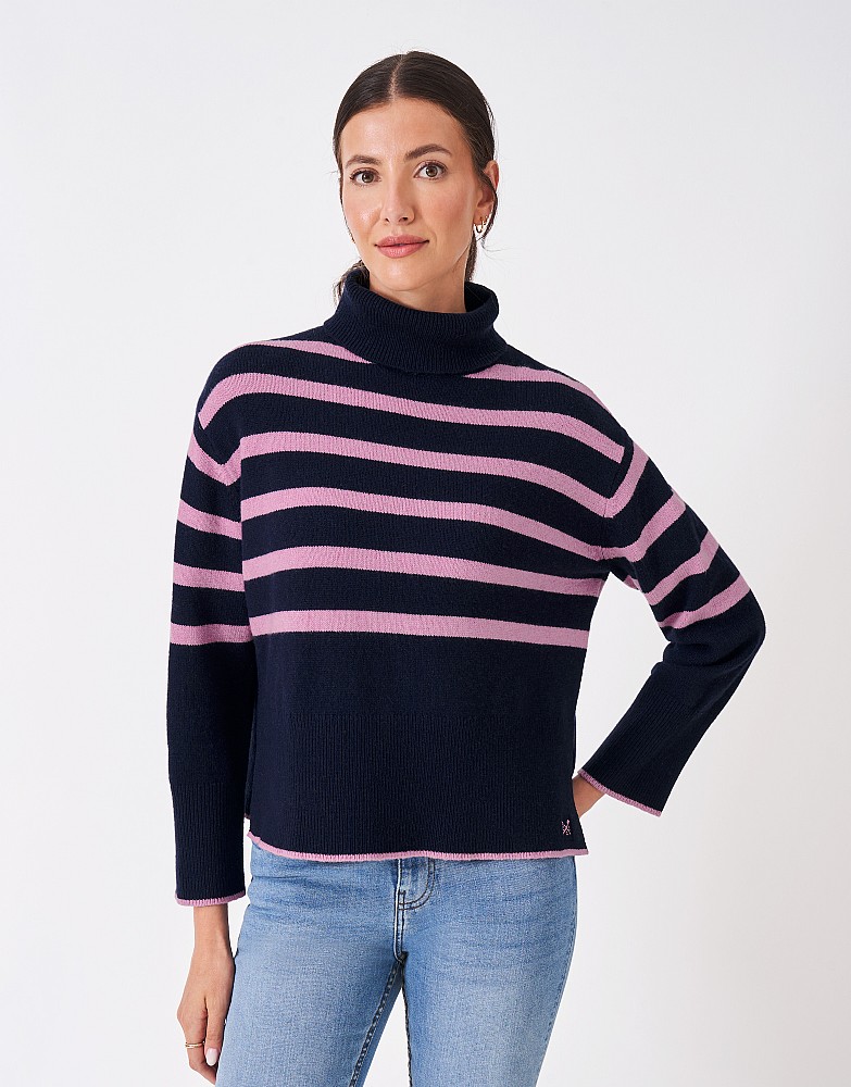 Harmony Merino Blend Drop Shoulder Funnel Neck Jumper in Navy & Pink Stripes