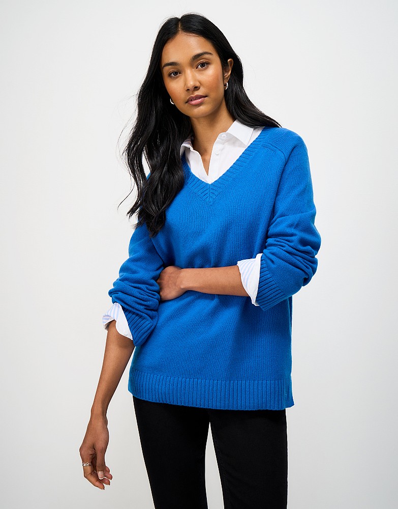 Harmony V Neck Saddle Shoulder Jumper in Blue