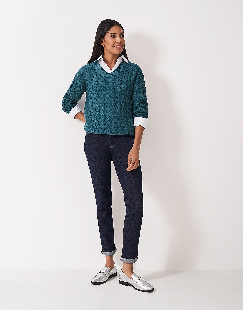 Multi Cable V Neck Jumper in Teal