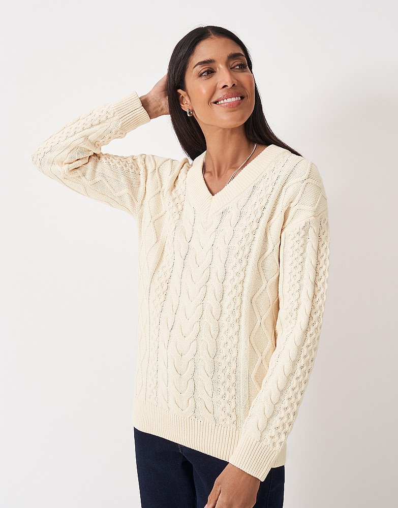 Multi Cable V Neck Jumper in Cream