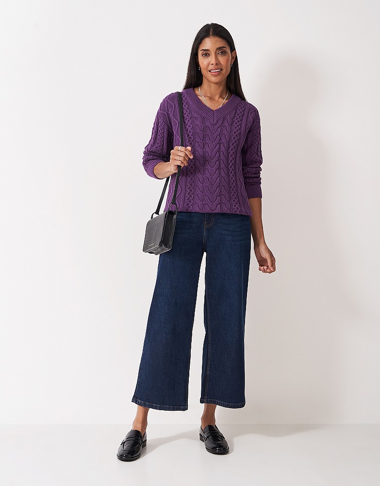 Multi Cable V Neck Jumper in Purple