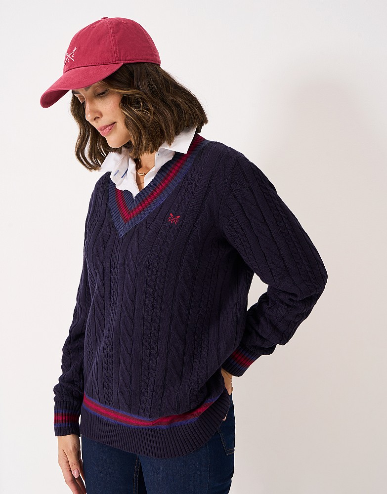 Cricket Cable Knit Jumper in Navy & Burgundy