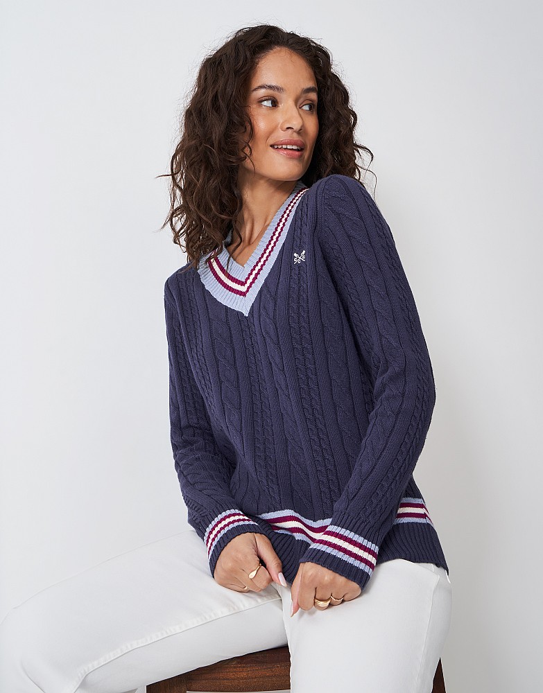 Cricket Cable Knit Jumper in Navy & Light Blue