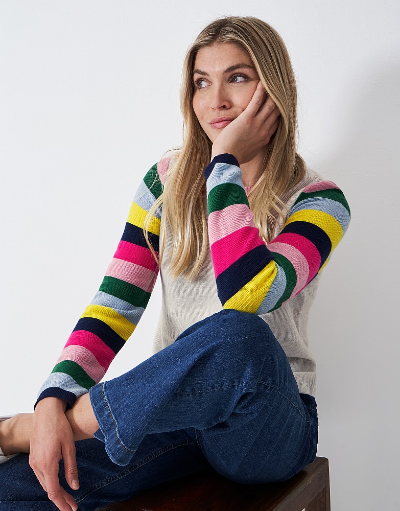 Harmony Merino Wool Crew-Neck Jumper in Cream and Multicolour Stripes