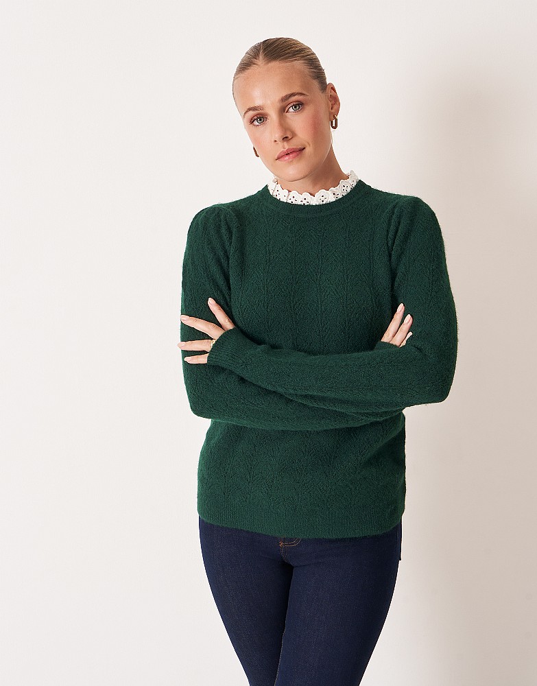 Lace Trim Wool Mix Pointelle Jumper in Dark Green