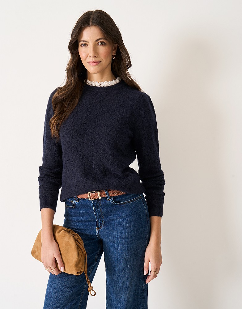 Lace Trim Wool Mix Pointelle Jumper in Navy Blue