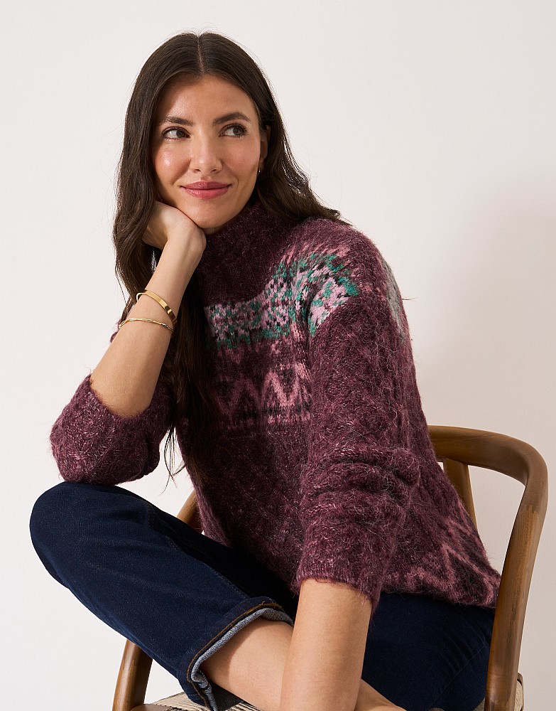 Roll Neck Fairisle Knitted Jumper in Berry
