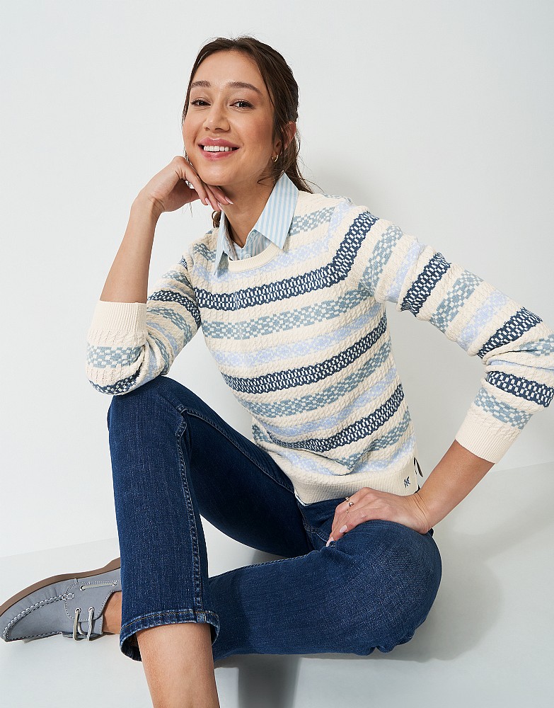 Crew Neck Fairisle Jumper in Blue and White