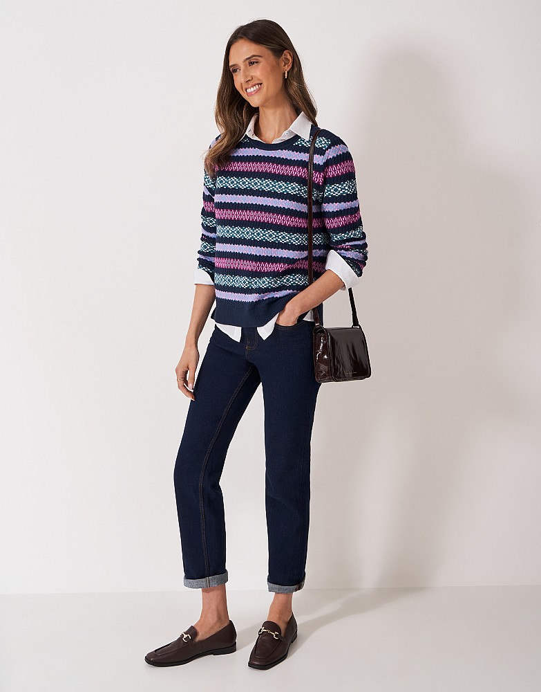 Crew Neck Fairisle Jumper in Navy and Purple