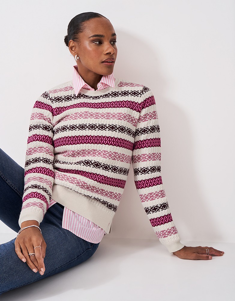 Crew Neck Fairisle Jumper in Pink and White