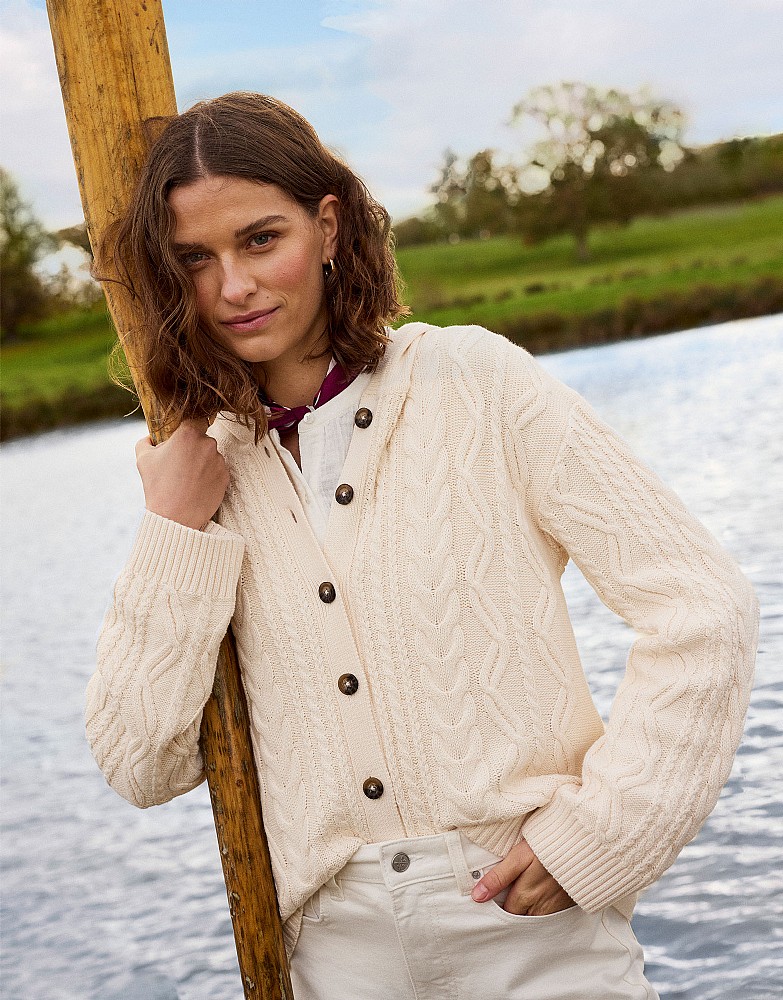 Multi Cable Button Through Hoodie in Off-White