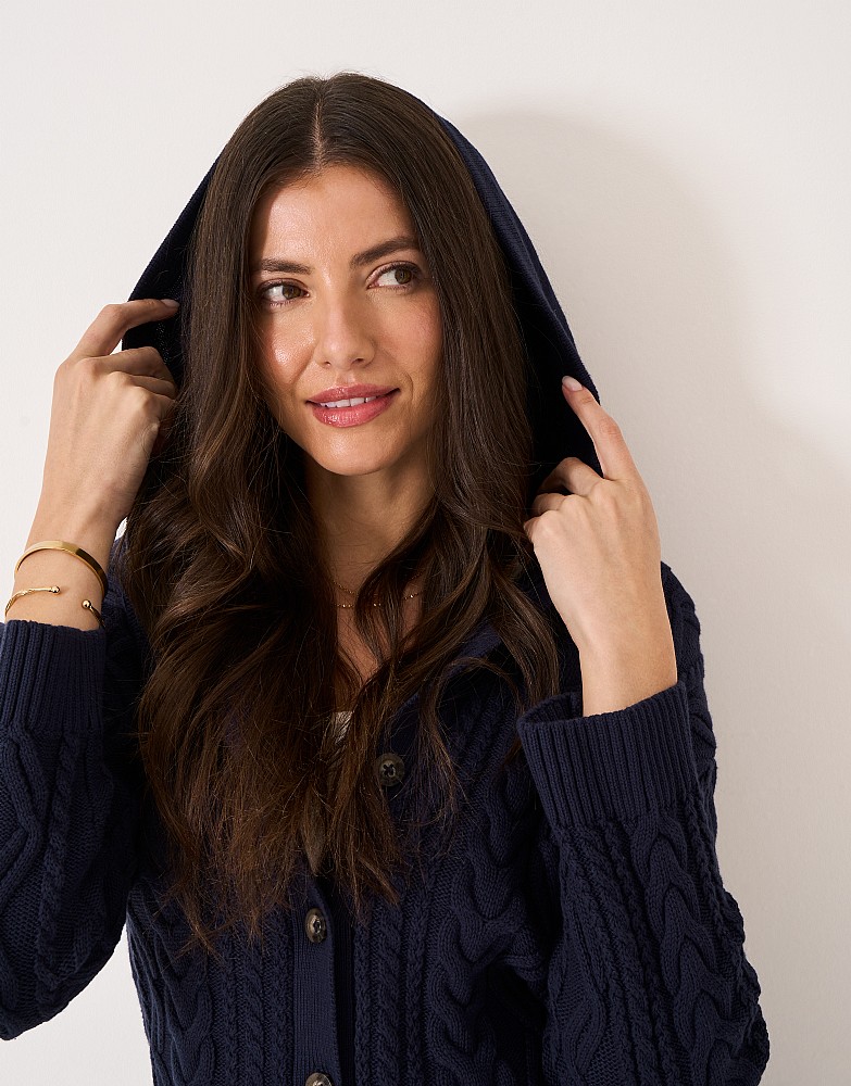 Multi Cable Button Through Hoodie in Navy