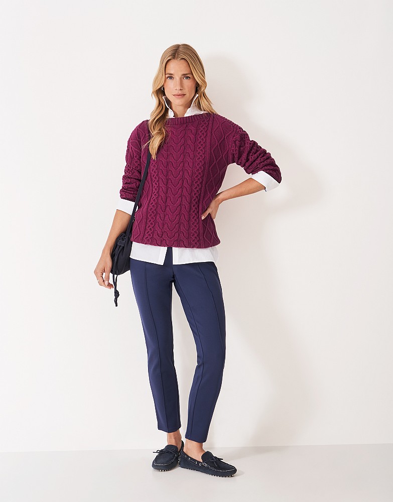 Boat Neck Multi Cable Knit Jumper in Beetroot Red