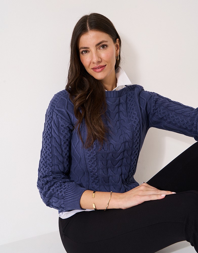 Boat Neck Multi Cable Knit Jumper in Indigo