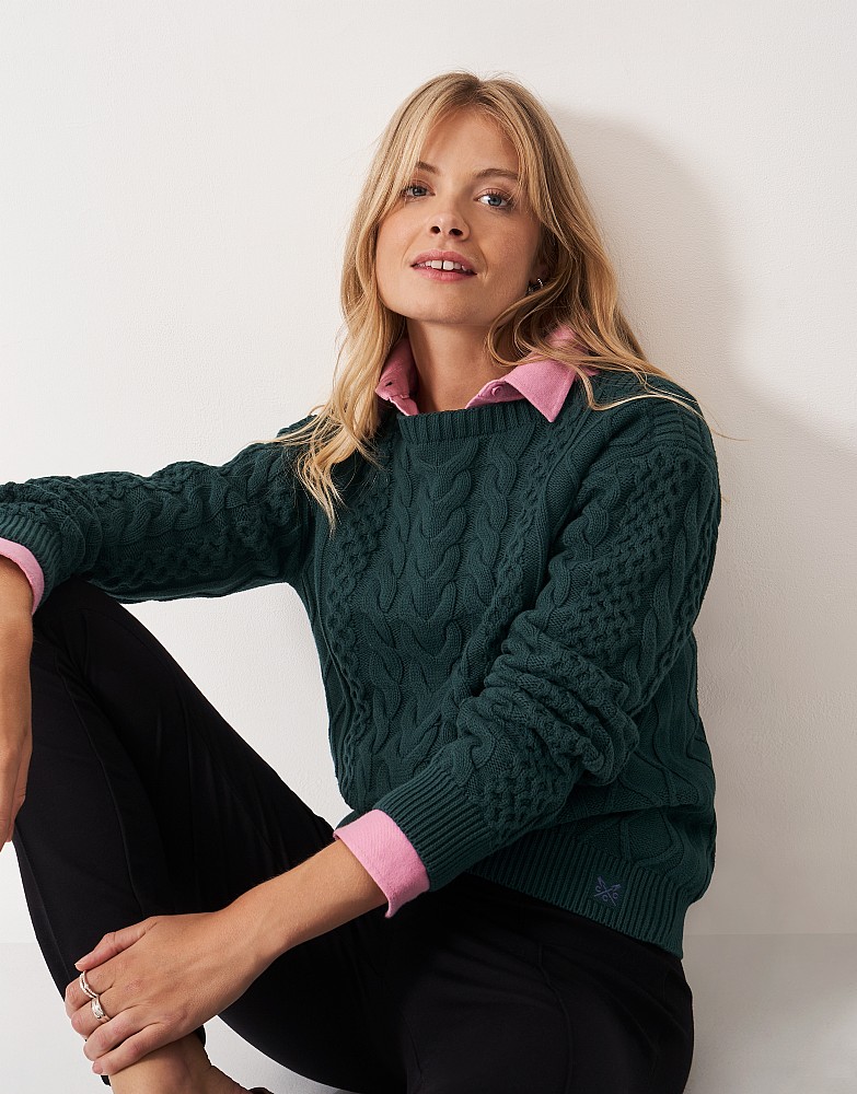 Boat Neck Multi Cable Knit Jumper in Green
