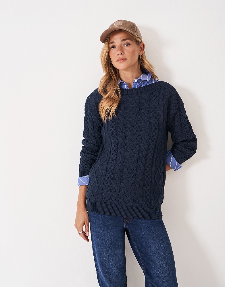 Boat Neck Multi Cable Knit Jumper in Navy
