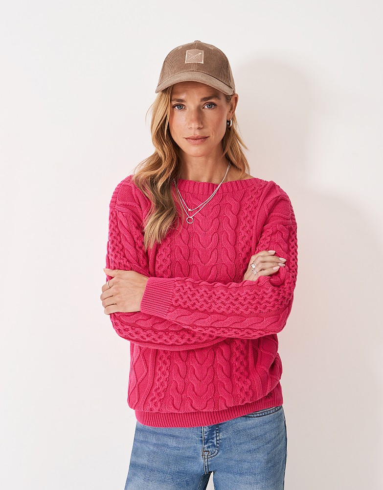 Boat Neck Multi Cable Knit Jumper in Pink