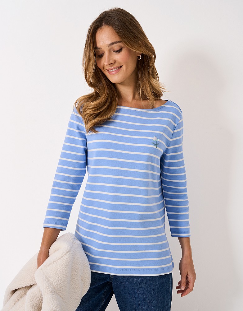 Daisy Embroidered Ultimate Breton in Blue and White Stripes