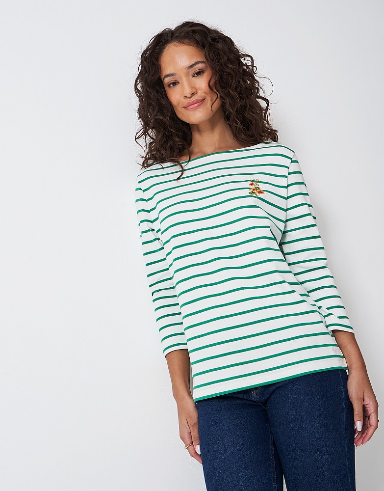 Flower Embroidered Ultimate Breton in Green and White Stripes