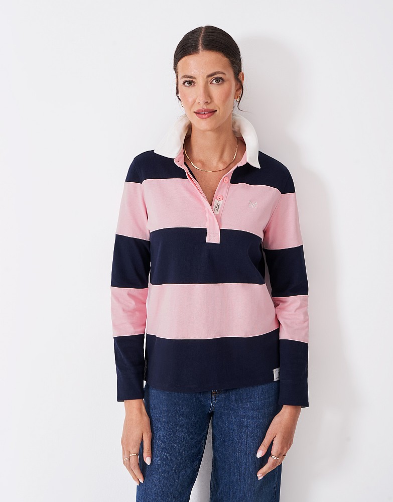 Long Sleeve Stripe Rugby Shirt in Navy & Pink - navy pink
