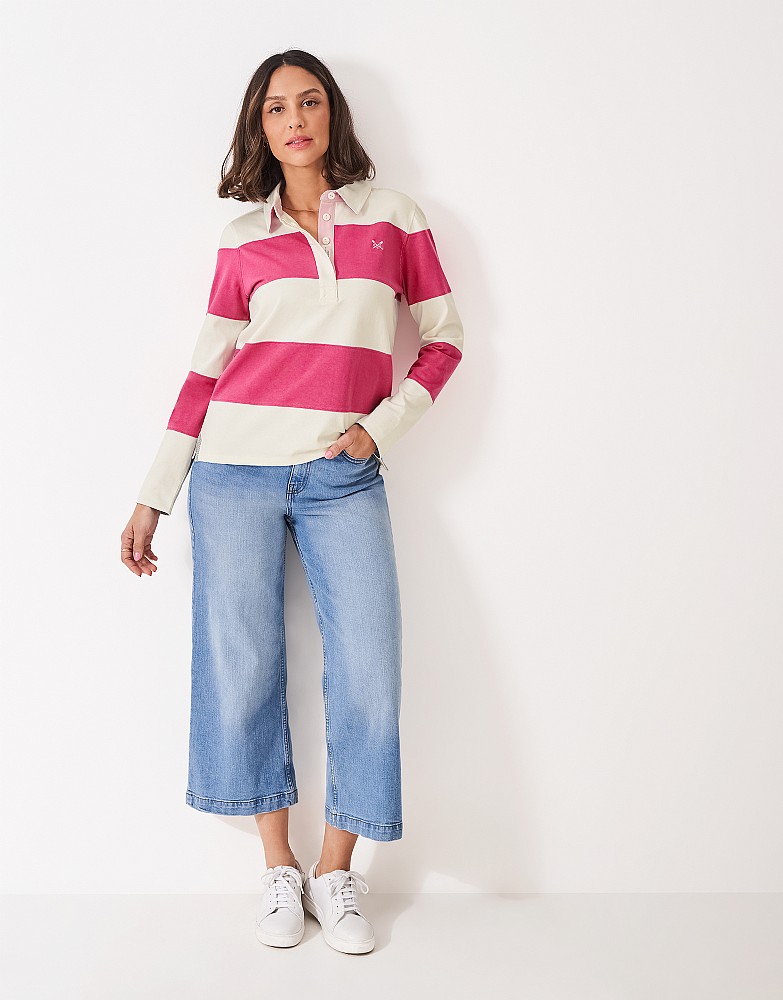 Long Sleeve Stripe Rugby Shirt in Cream & Pink