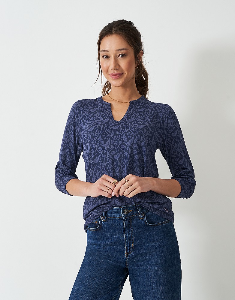 Viscose Notch Neck Printed Top in Navy