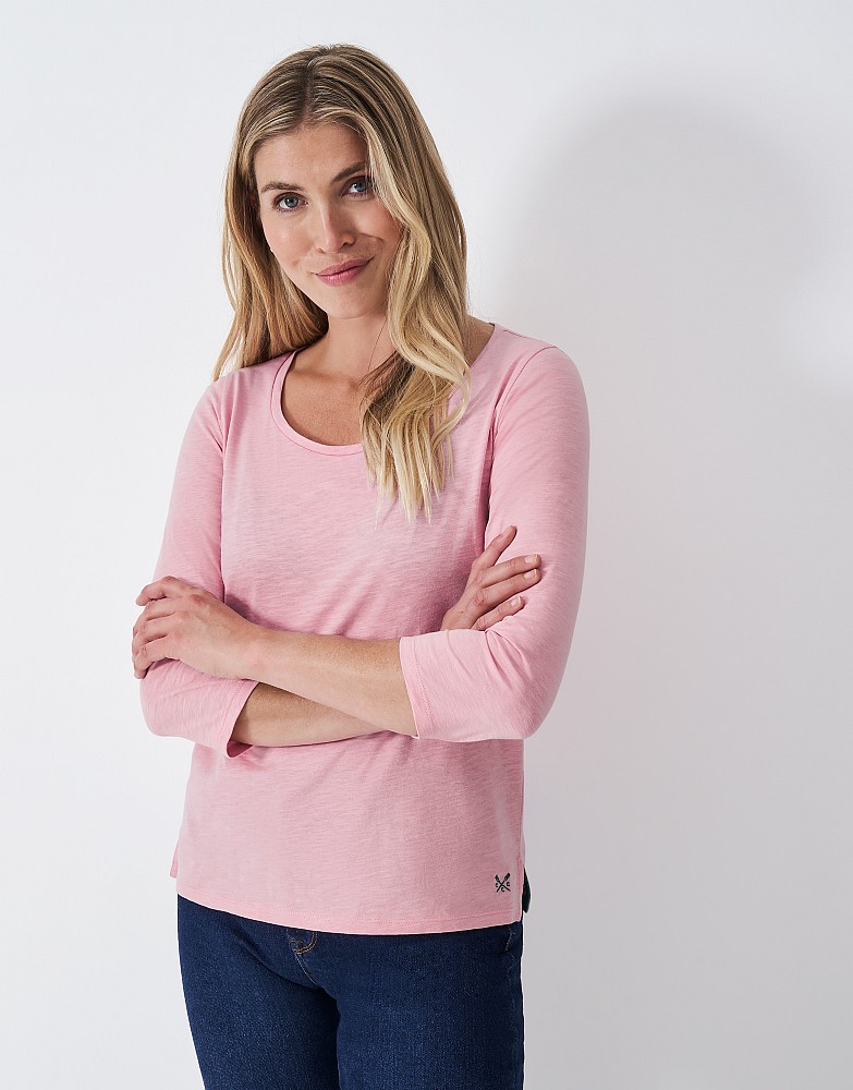 3/4 Sleeve Slub Crew Neck Tee in Pink