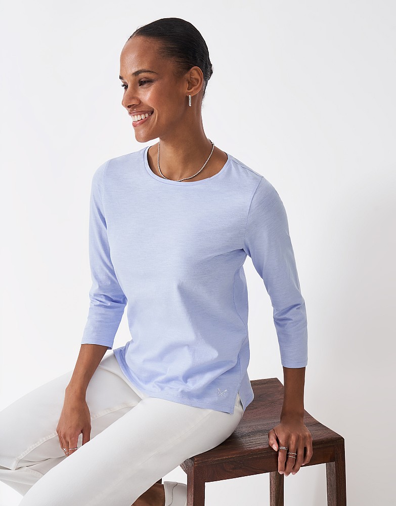 3/4 Sleeve Slub Crew Neck Tee in Blue - blue