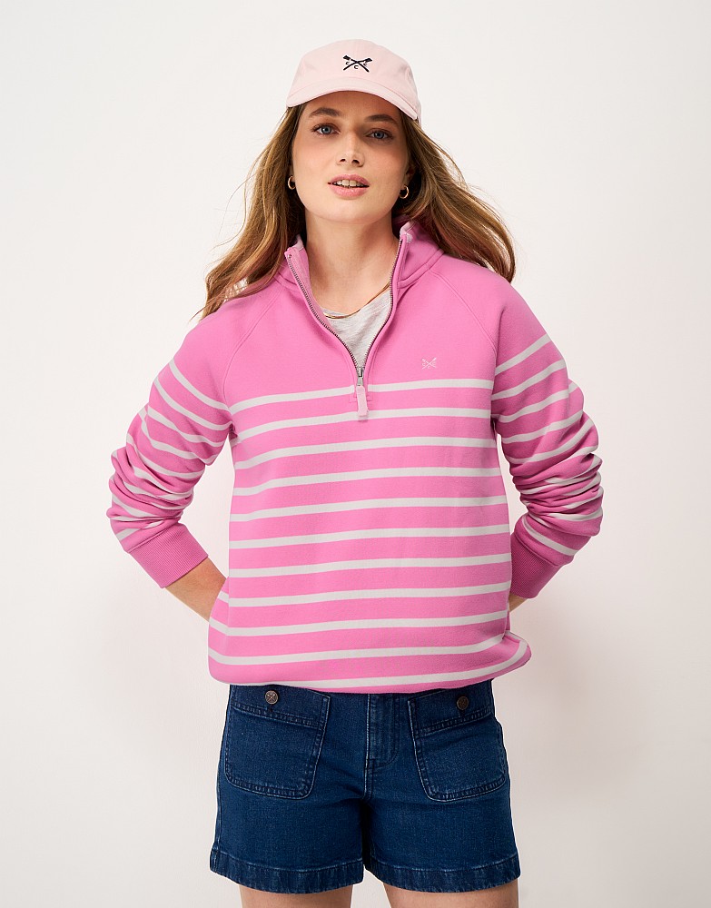 Half-Zip Stripe Sweatshirt in Bright Pink & White