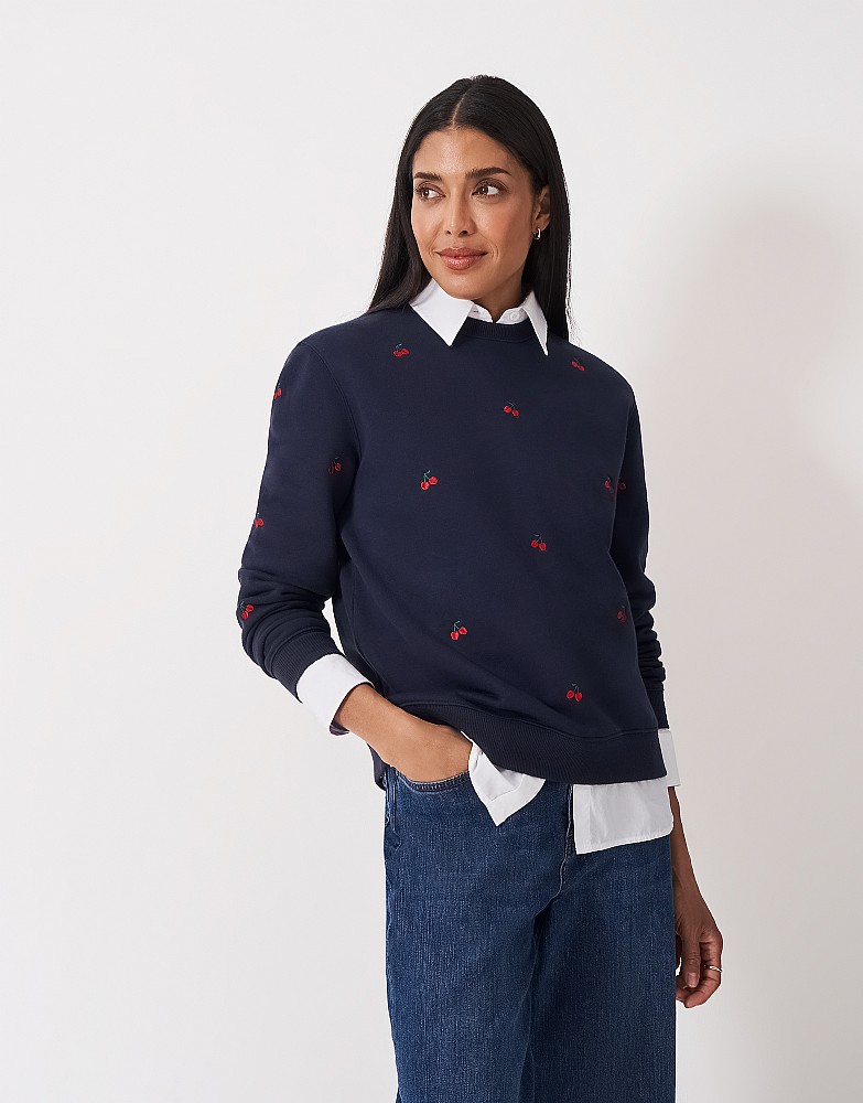 All Over Cherry Embroidered Crew Neck Sweatshirt in Navy