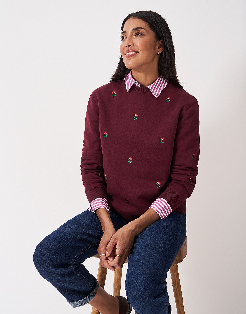 Poppy Embroidered Crew Neck Sweatshirt in Burgundy