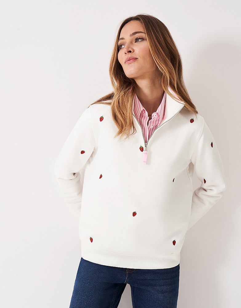 Embroidered Half Zip Sweat in White