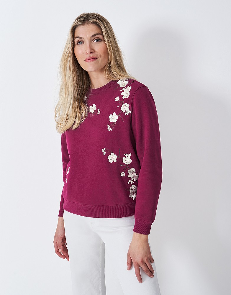 Cherry Blossom Embroidered Sweatshirt in Berry Red