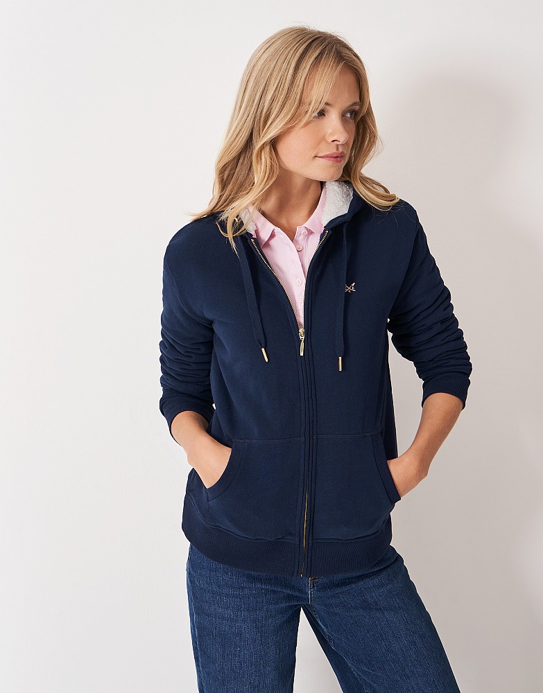 Borg Lined Zip Through Hoodie in Navy