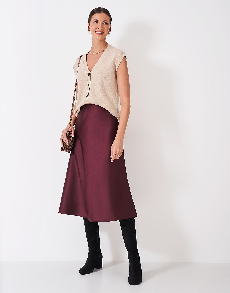 Rowen Satin Slip Midi Skirt in Burgundy