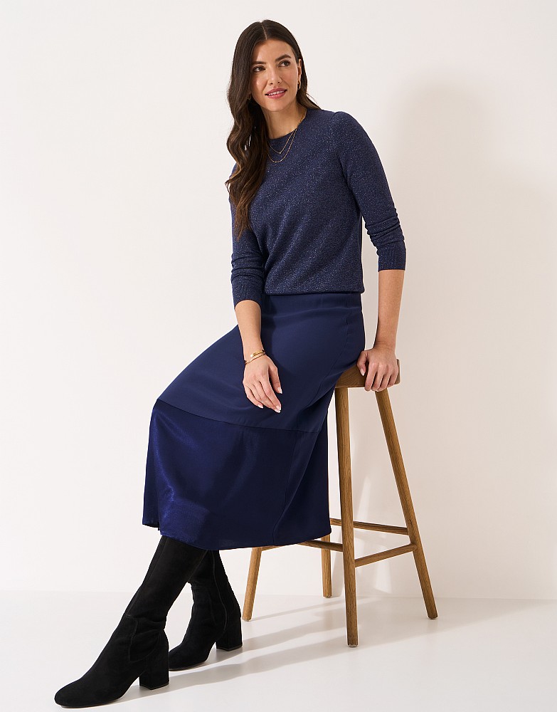 Rena Satin Midi Skirt in Navy