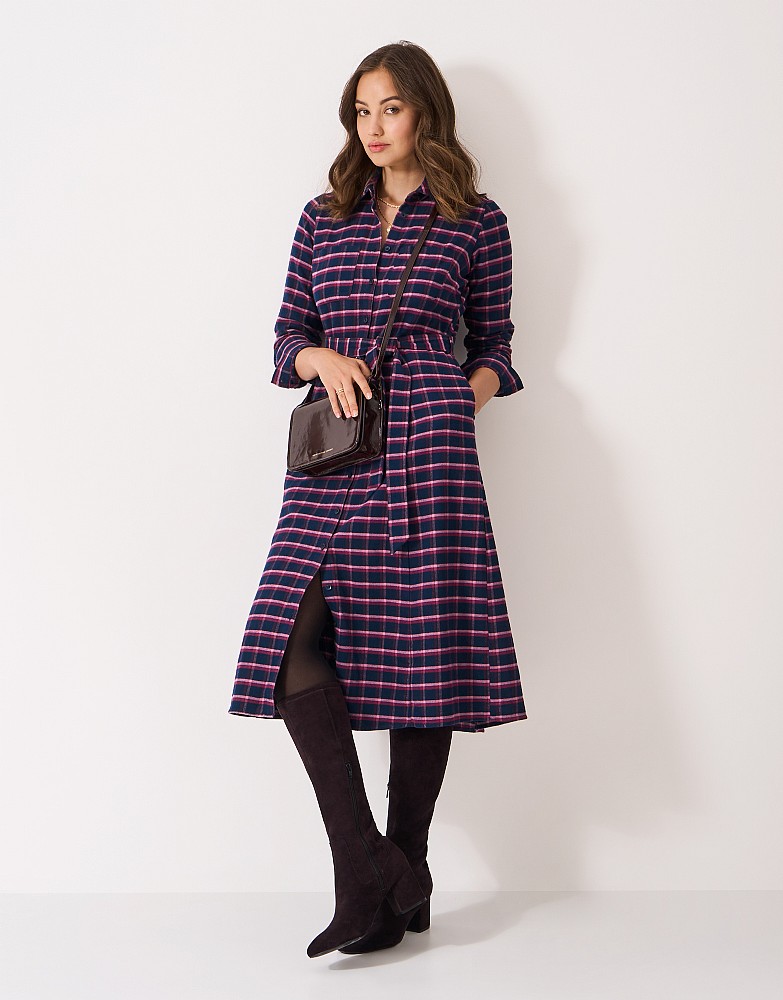 Sienna Cotton Flannel Shirt Dress In Navy & Pink Check
