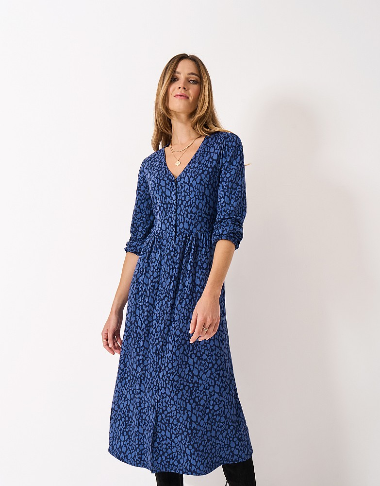 Kiki Button Through Long Sleeve Dress in Blue Leopard Print